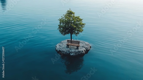 Solitary tree on a small rock island with bench surrounded by calm water