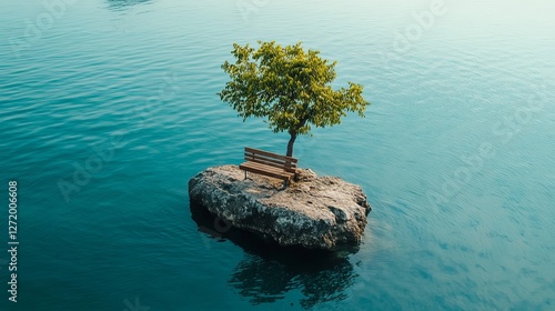Solitary tree and bench on rock island in serene blue water landscape