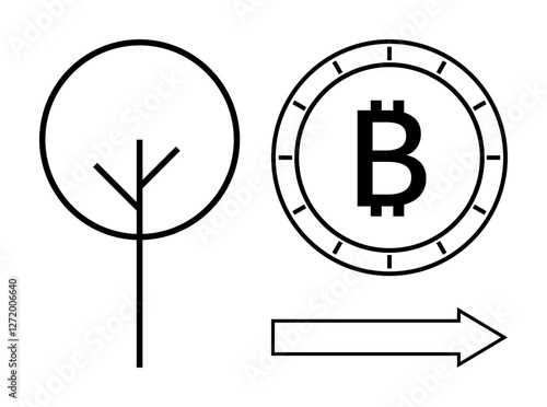 Black and white line art of a tree, a coin with a Bitcoin symbol, and an arrow pointing right. Ideal for financial growth, cryptocurrency education, nature conservation, sustainable investment