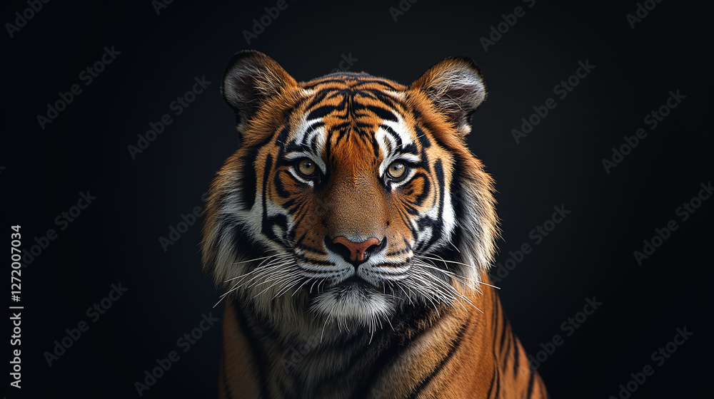 Fototapeta premium Majestic tiger portrait with striking orange and black stripes, intense gaze, and elegant fur against a dark background. Natural and powerful.