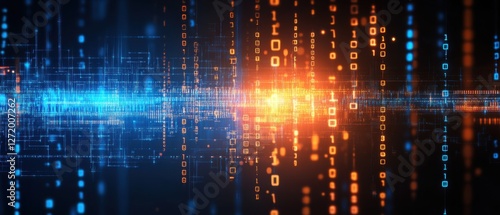 Wallpaper Mural Futuristic Digital Data Stream: Blue and Orange Binary Code Flowing in Cyberspace Concept of Technology, Big Data, and Information Transfer Torontodigital.ca