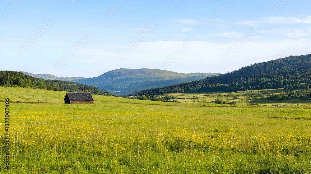 Summer Landscape: Green Field with Yellow Wildflowers and Distant Mountains under a Blue Sky Summer Landscape: Green Field with Yellow Wildflowers and Distant Mountains under a Blue Sky