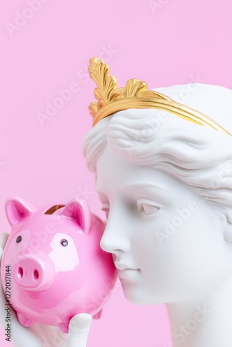 White plaster statue of aphrodite wearing golden crown holding pink piggy bank promoting saving and investment concept photo