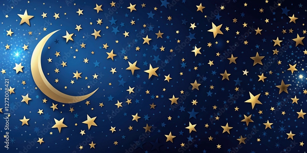 Fototapeta premium Dark blue background with scattered stars and a crescent moon in the sky, astronomical objects, stellar night sky, lunar cycle