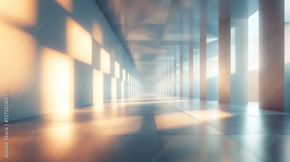 Light streams through an endless architectural hallway with square patterns Light streams through an endless architectural hallway with square patterns
