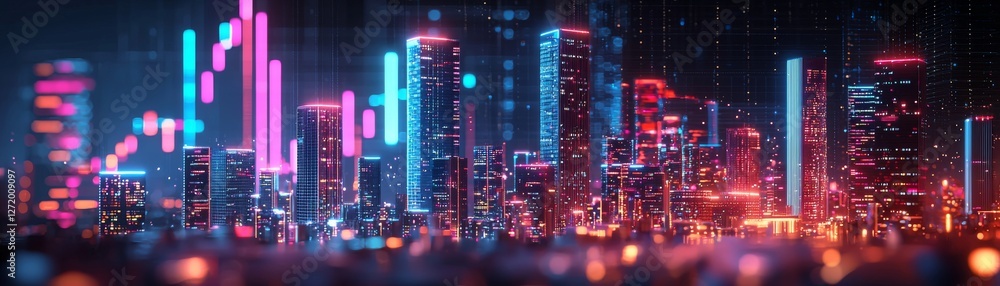 Vivid Cityscape at Night with Neon Lights and Digital Graphics for Futuristic Themes Vivid Cityscape at Night with Neon Lights and Digital Graphics for Futuristic Themes