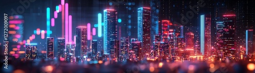 Vivid Cityscape at Night with Neon Lights and Digital Graphics for Futuristic Themes