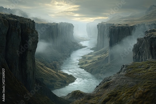 Majestic canyon landscape under a cloudy sky with a winding river at dawn
