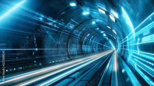 Wallpaper Mural Blue tech tunnel with light beams and data flow Torontodigital.ca