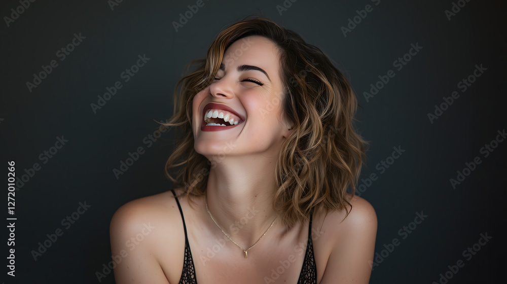Radiant Laughter: Capturing the pure, unadulterated joy of a woman whose infectious laugh lights up the frame, conveying a sense of genuine happiness and positivity.