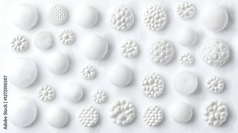 White Textured Spheres and Floral Shapes Arranged on a White Wooden Background White Textured Spheres and Floral Shapes Arranged on a White Wooden Background