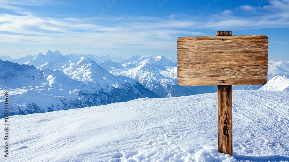 Naklejka premium Blank wooden sign on snowy mountain landscape with majestic blue sky