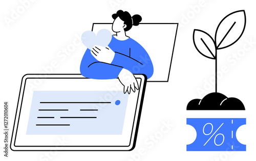 Person holds a heart, tablet displaying text, plant growing from soil, and discount ticket. Ideal for online shopping, eco-friendly initiatives, digital content, love, growth charity e-commerce