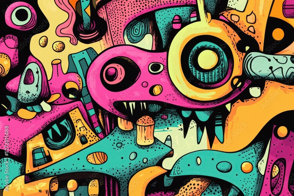 Fototapeta premium Abstract and whimsical composition features vibrant colors and cartoonish elements