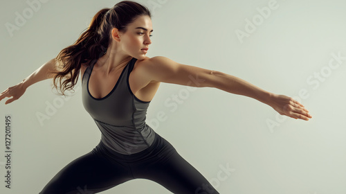Dynamic Movement: A focused and athletic woman gracefully embodies strength and agility. She moves confidently, showcasing dedication to fitness, health and vitality.