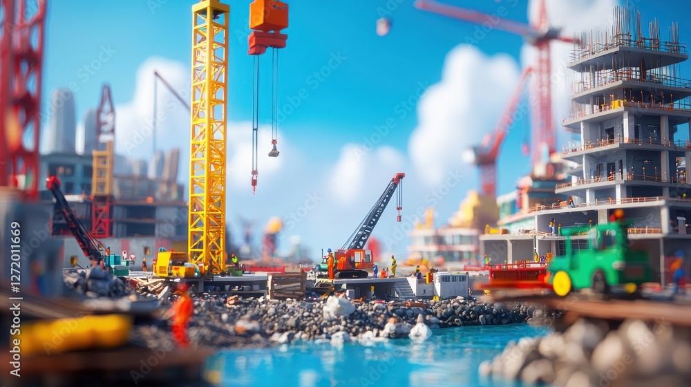 Fototapeta premium Miniature construction site with cranes, workers, and buildings by the water.