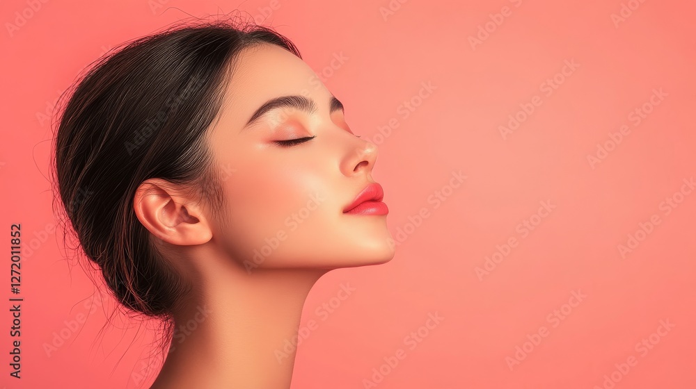 Fototapeta premium Woman with closed eyes poses against a peach colored background
