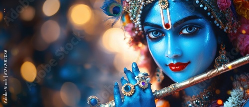 Portrait of Lord Krishna playing the flute, a Hindu deity, with a blue skin tone, adorned with jewelry and peacock feathers, against a backdrop of bokeh lights Concept of spirituality, devotion, and I