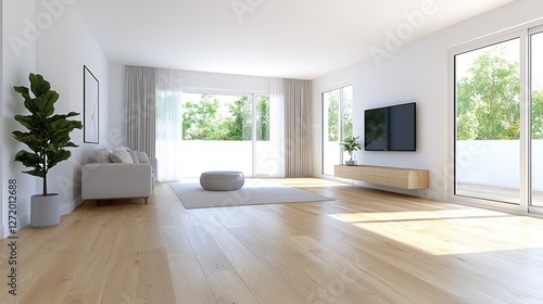 Wallpaper Mural Modern apartment living room with balcony view, sunlight streaming through windows Torontodigital.ca