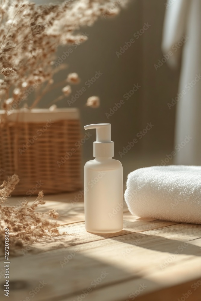 Empty skincare products in elegant bathroom design Empty skincare products in elegant bathroom design