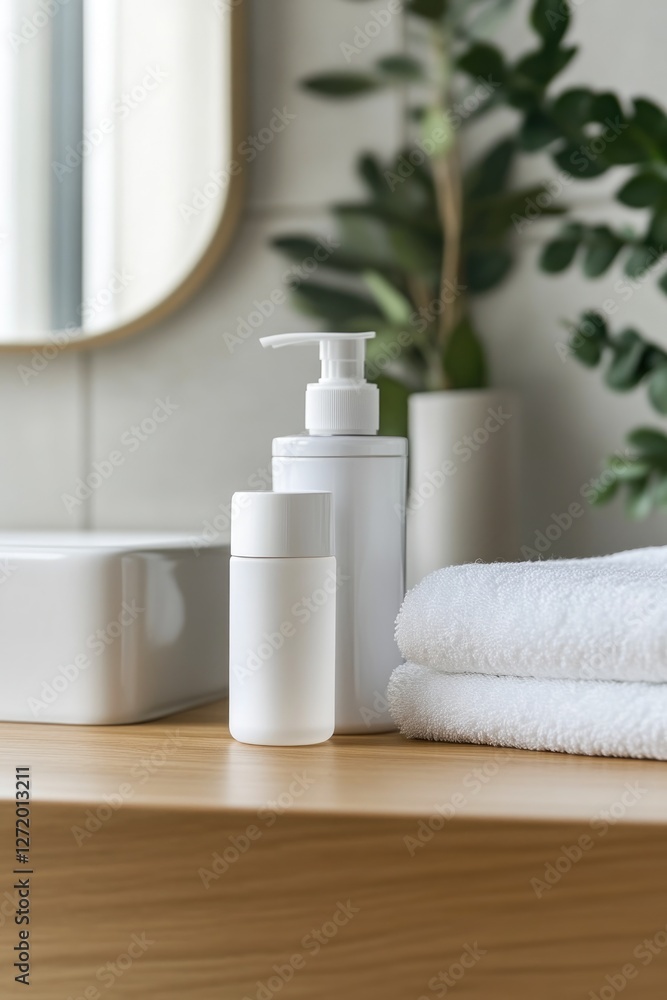 Elegant skincare product bottles in bathroom space Elegant skincare product bottles in bathroom space
