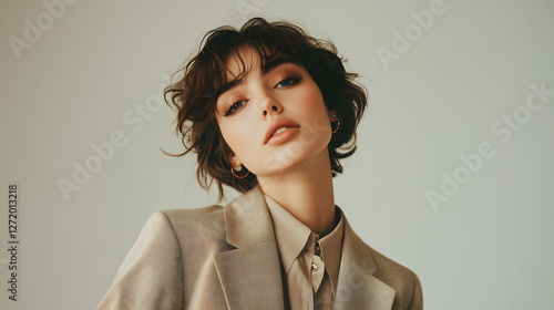 Elegant Portrait: a captivating woman with a bob haircut. Her poised and serene expression draws you into her world, as a fashion icon