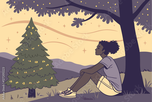  Serene night scene, young woman sitting by illuminated Christmas tree, starry sky, twilight horizon, outdoor setting, warm glowing lights, peaceful atmosphere, casual summer attire, sneakers, curly