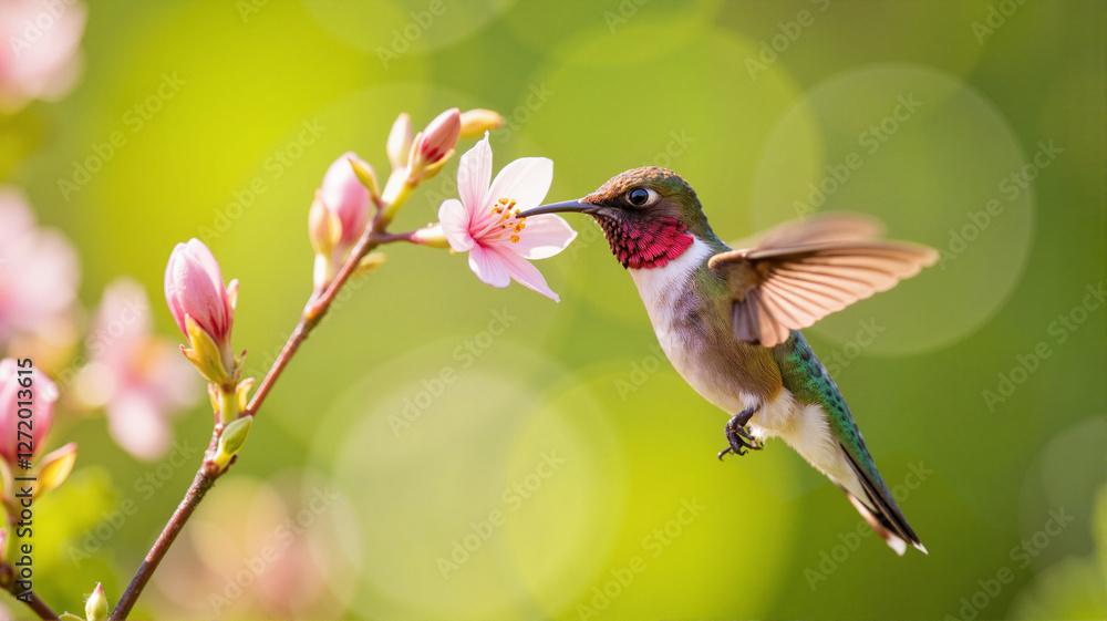 Naklejka premium Tiny hummingbird sipping nectar from blooming flower, natural beauty