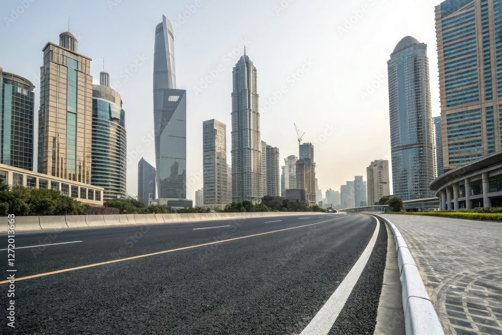 Empty asphalt road passing through the heart of a modern city amidst towering skyscrapers and office buildings, concrete highway, empty road, high-rise buildings