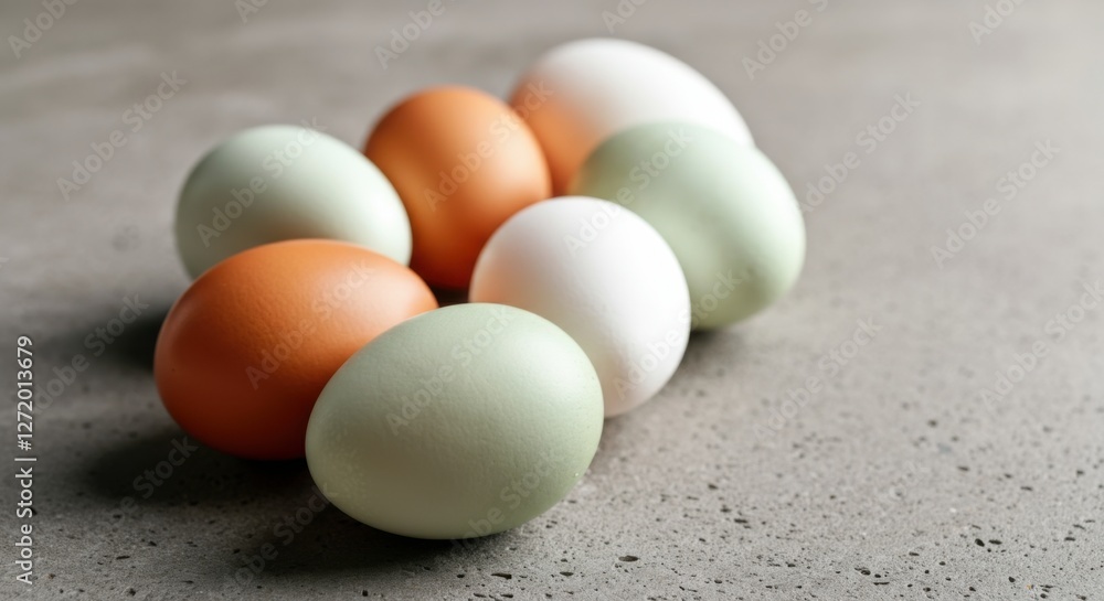 Fresh eggs in various colors arranged on a textured surface Fresh eggs in various colors arranged on a textured surface