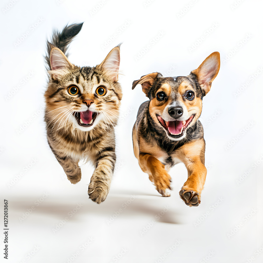 A cat and a dog running towards the camera, with happy expressions, isolated on a white background A cat and a dog running towards the camera, with happy expressions, isolated on a white background