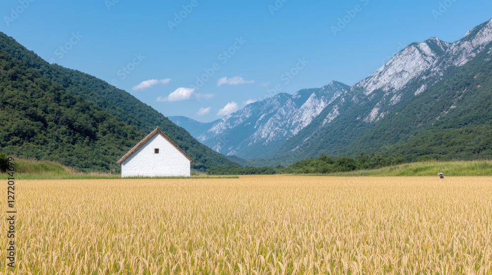 Obraz premium Small white house stands in a golden wheat field surrounded by green mountains under a clear blue sky.