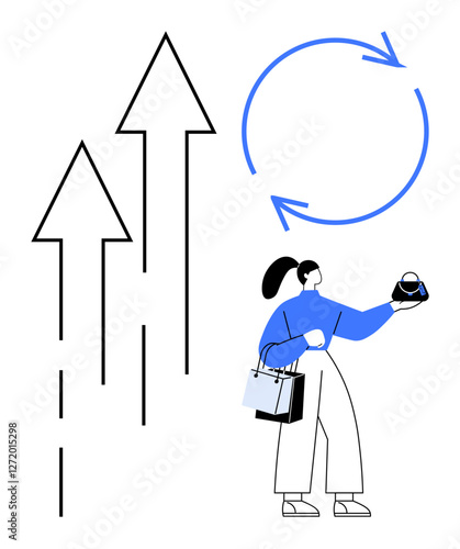 Woman holding shopping bags and viewing a watch while three upward arrows and circular arrows in blue signify growth, progress, and continuous improvement. Ideal for retail, consumer behavior