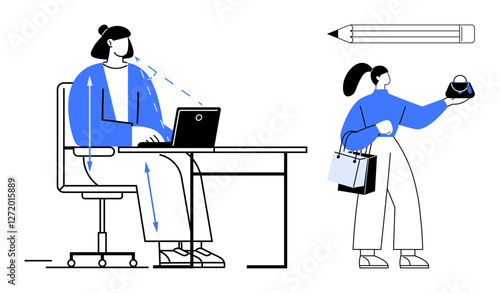 Individual at desk with arrows indicating ergonomics, working on laptop. Second person with shopping bags and small bag in hand. Ideal for ergonomics, office setup, workplace wellness, remote work