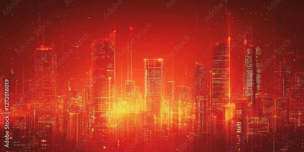 Fototapeta premium High density cityscape at night glows with orange light