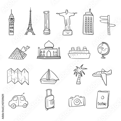 Hand-Drawn Travel Landmark Vector Icons  .ai – Famous Places