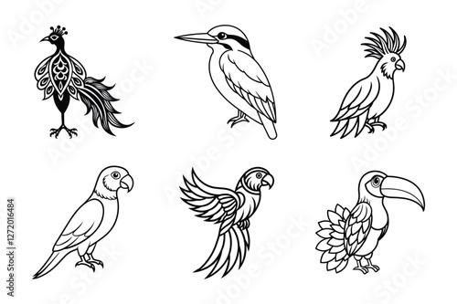 Wallpaper Mural "Exotic Bird Illustrations Set – Peacock, Kingfisher, Cockatoo, Parrot, Macaw, and Toucan | Black and White Line Art Drawings" Torontodigital.ca