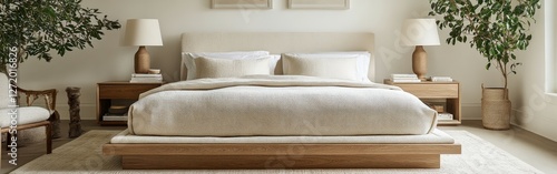 Cozy boucle bedroom with natural decor and soft lighting