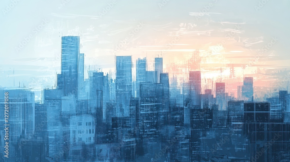 Fototapeta premium Artistic impression of a city skyline painted with blue hues