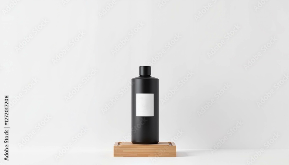 Minimalistic black bottle with white label on bamboo tray against empty white background with copy space Minimalistic black bottle with white label on bamboo tray against empty white background with copy space