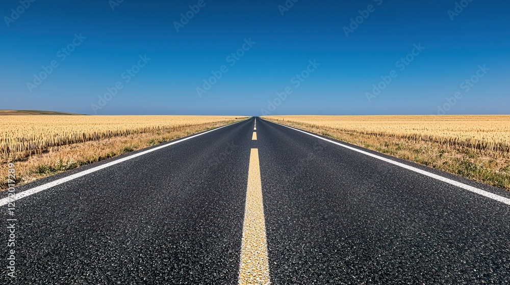 Picturesque Rural Road Stretching into Clear Blue Sky Landscape, Yellow pavement guides safe travel concept. Picturesque Rural Road Stretching into Clear Blue Sky Landscape, Yellow pavement guides safe travel concept.