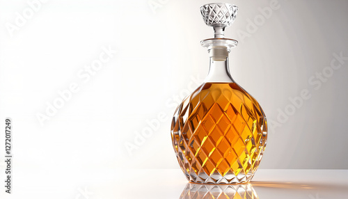 Luxury crystal decanter with amber liquid on reflective table against elegant background with copy space
