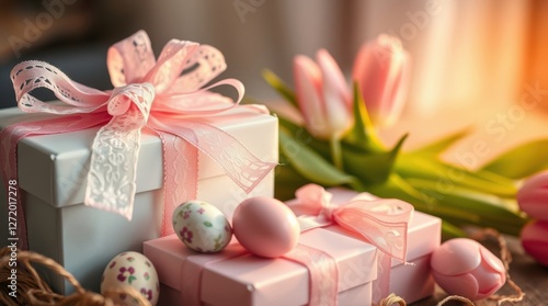 Elegant Easter gifts with pink ribbons and tulips create a festive and charming spring celebration scene.