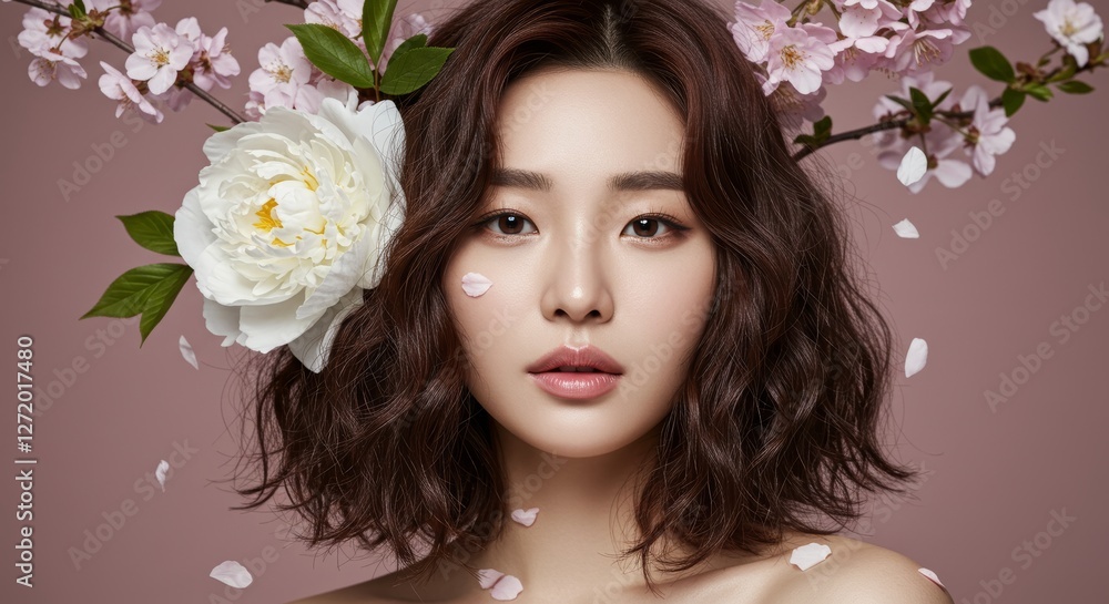 A captivating Korean woman with shoulder-length wavy chestnut hair, her serene face framed by delicate white peonies, soft pink cherry blossoms, and green leaves A captivating Korean woman with shoulder-length wavy chestnut hair, her serene face framed by delicate white peonies, soft pink cherry blossoms, and green leaves