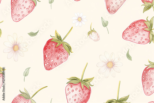 A seamless pattern featuring cute strawberry illustrations paired with delicate flower designs, perfect for baby room decor and nursery decoration