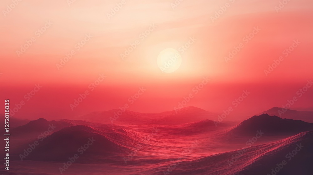 Hazy pink sunset over rolling mountains with soft light Hazy pink sunset over rolling mountains with soft light