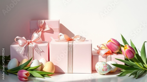Elegant pink presents with ribbons, Easter eggs and pink tulips against a plain white background.