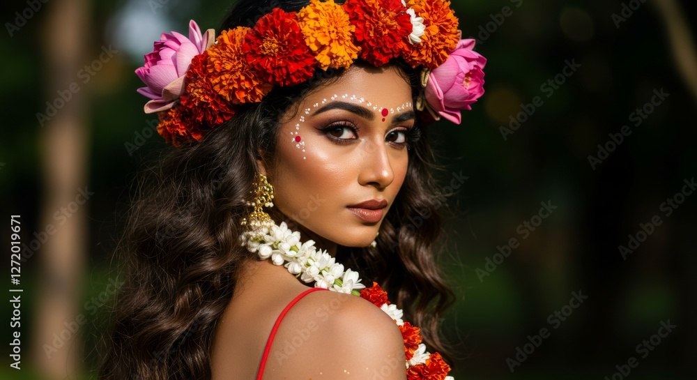 A striking Indian woman with warm golden-brown skin, dark wavy hair cascading down her back, wearing a crown of deep red marigolds, white jasmine, and soft pink lotus flowers A striking Indian woman with warm golden-brown skin, dark wavy hair cascading down her back, wearing a crown of deep red marigolds, white jasmine, and soft pink lotus flowers