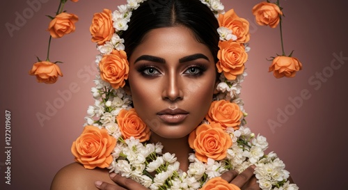 A strikingly handsome South Asian woman with golden-brown skin, deep expressive eyes, and bold eyebrows, wrapped in cascading jasmine and orange roses photo