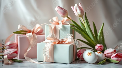 Elegant gifts and tulips create a gentle, sweet-themed image, suggesting celebration or spring's arrival.